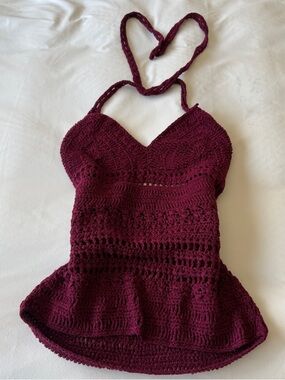 Boho Crocheted Halter Top - Deep 🍷 Fairycore Festival Tank Top Small/Petite
